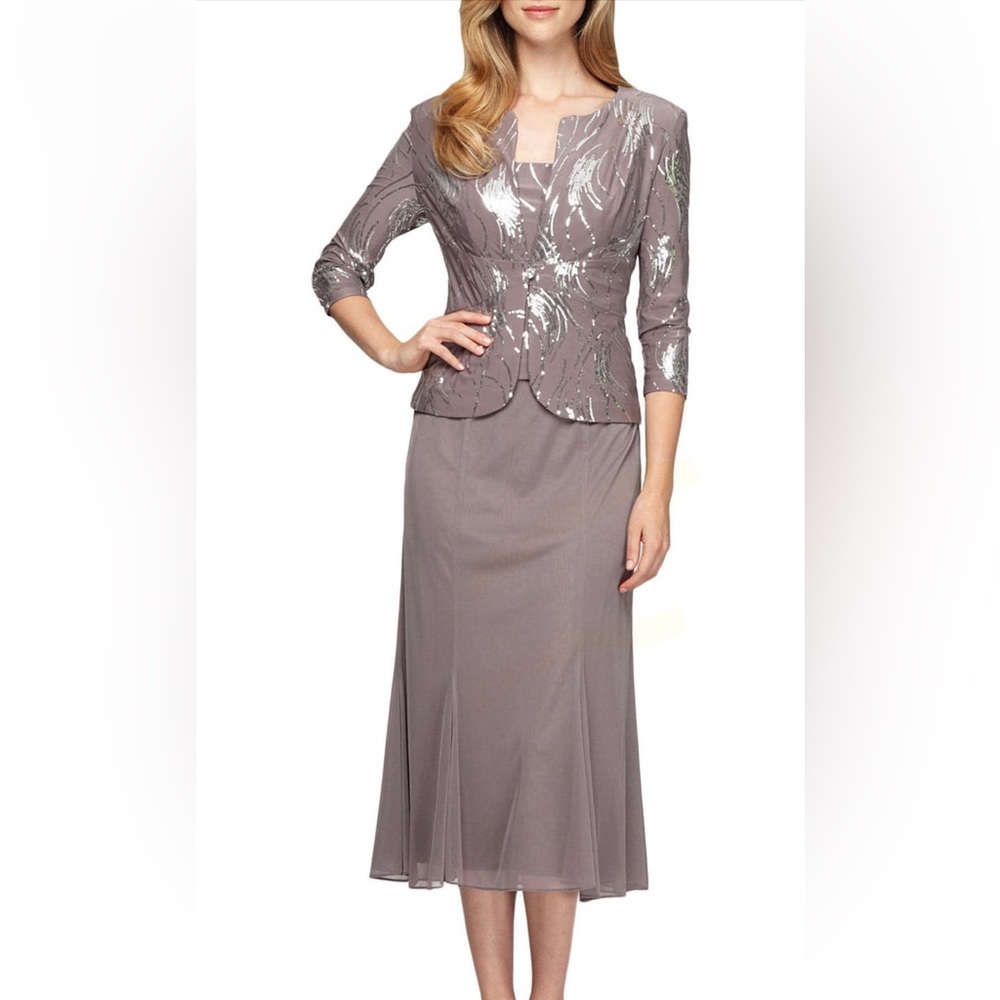 Alex Evenings Gray Midi Trumpet Dress for Night Out - Picture 7 of 9